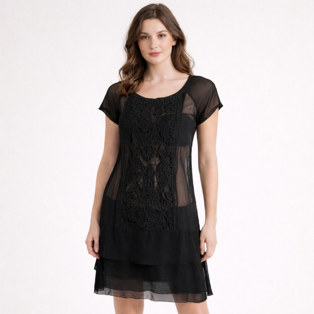 🖤 DIDIER PARAKIAN Sheer Embroidered Drop waist Knit Dress / Long Top tunic Sz S